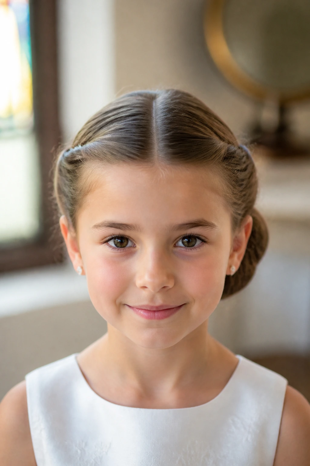 Portrait of a real girl with a center-part twist bun