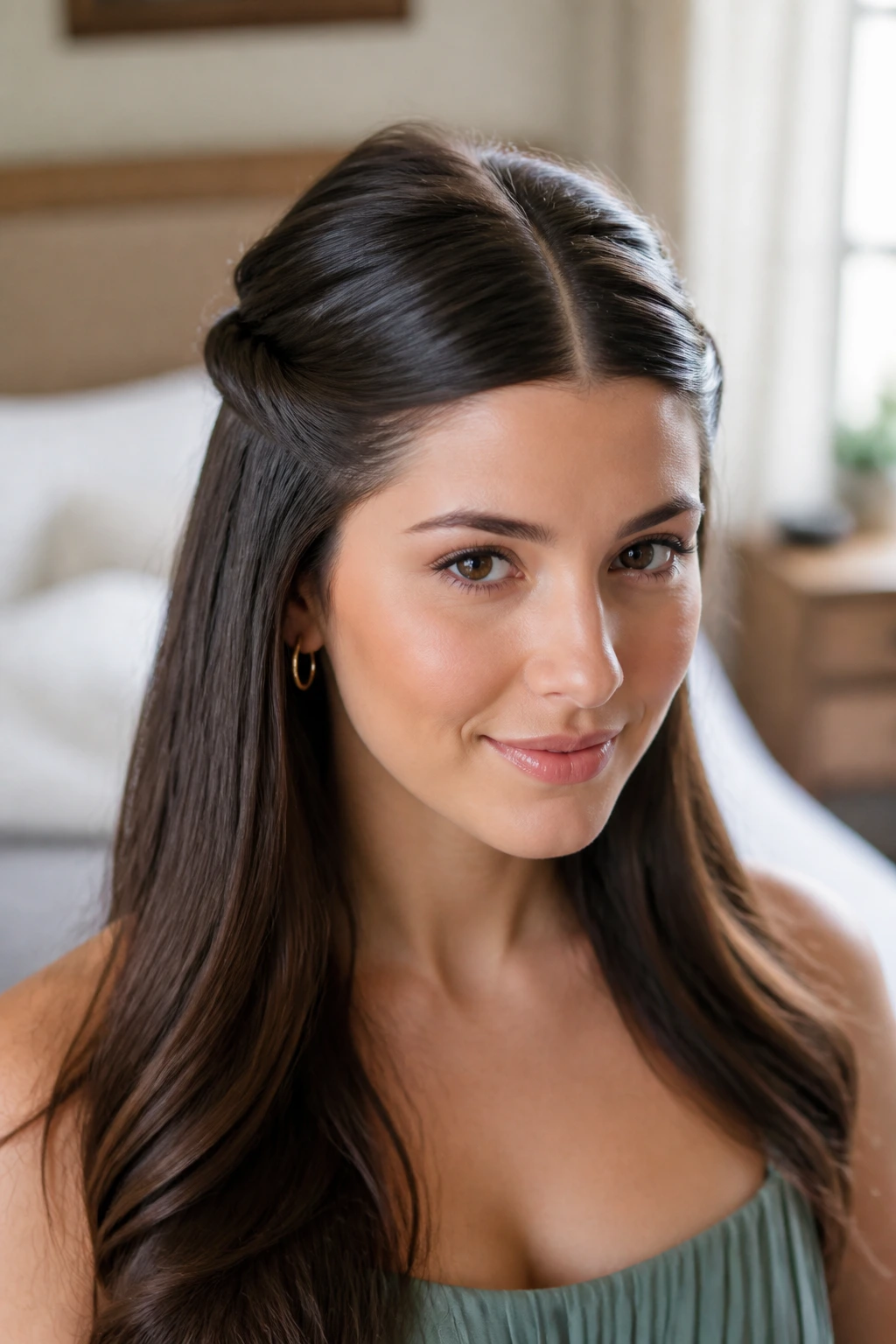 Close-up portrait of a real woman with Sleek Center-Part Half-Up with Twisted Sides