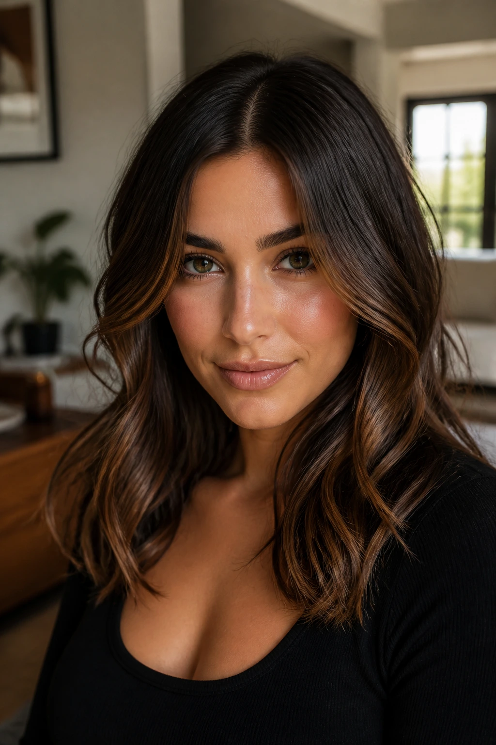 Portrait showing a center-part with subtle variation off-center and gentle wave