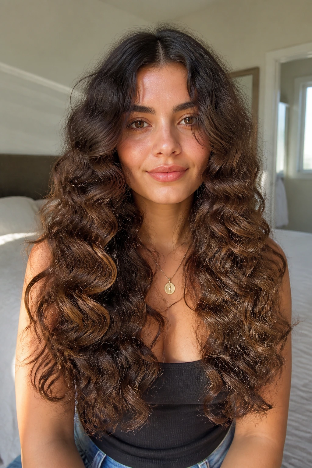 Real person with center part and symmetrical waterfall layers