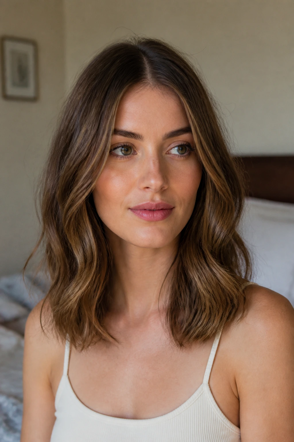 Close-up portrait of a real woman with a center part and collarbone length soft waves.