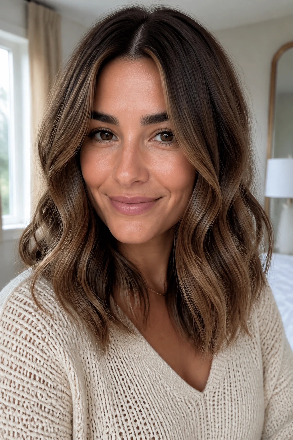 Close-up of center-parted soft S-waves on real person