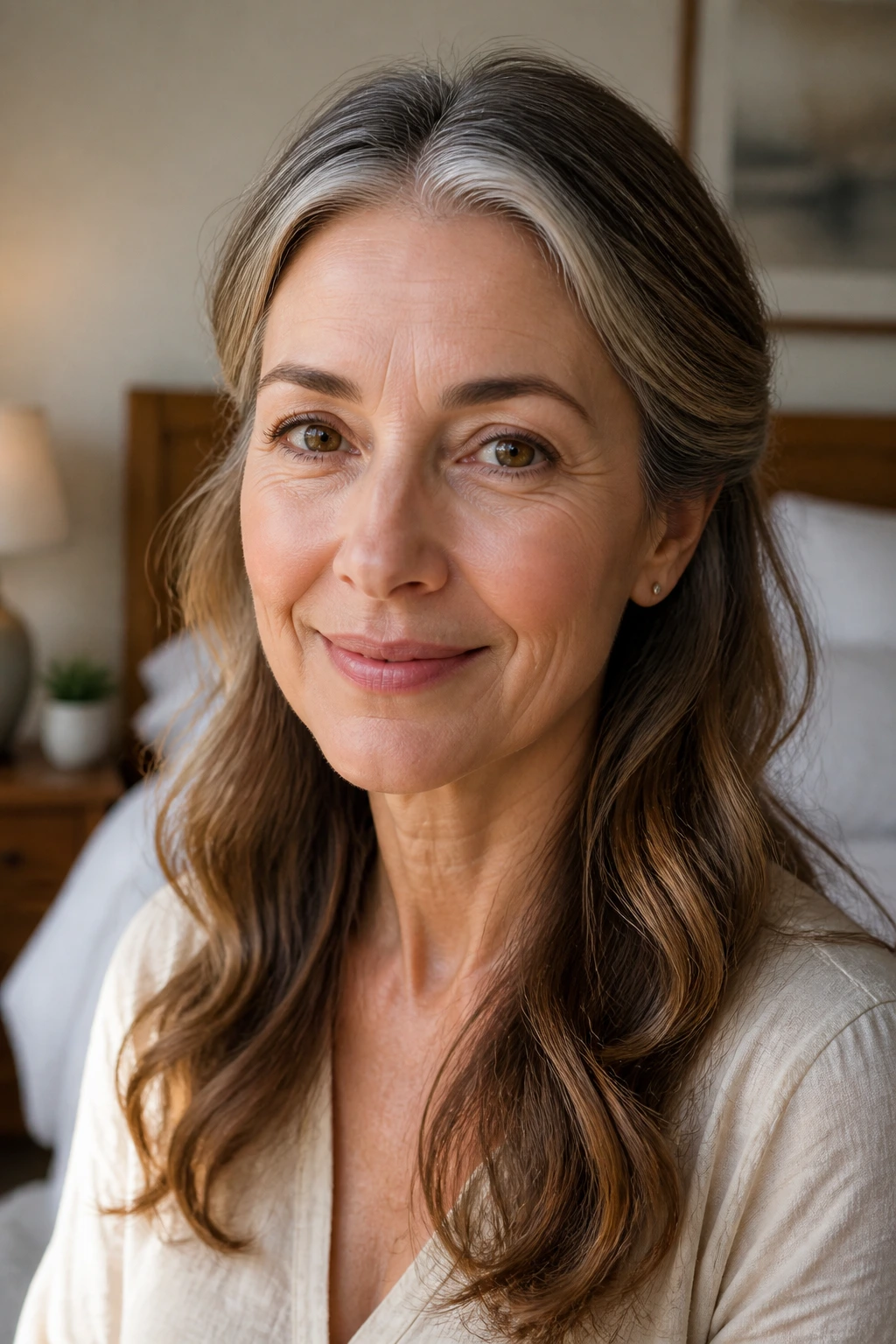 Close-up portrait of a real woman with center-part waves and tucked ends
