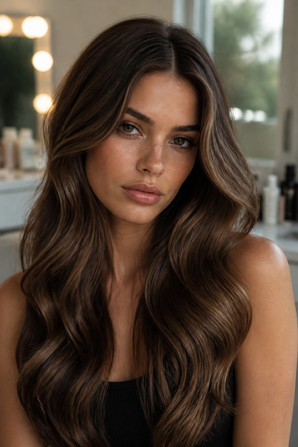 Portrait of a woman with center-part long waves and soft, broad waves
