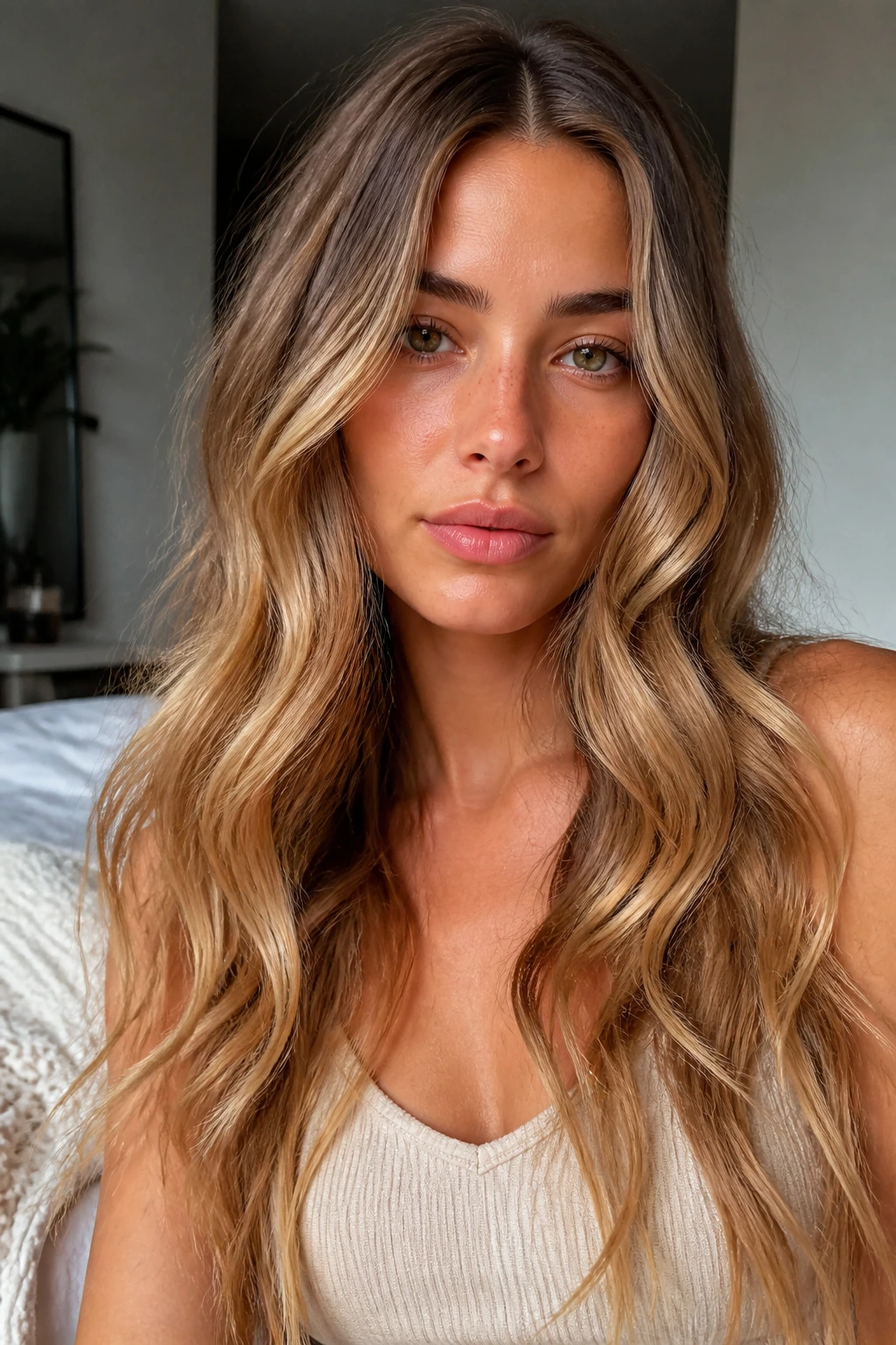 Close-up of center-part long waves in soft ribbons on a real woman