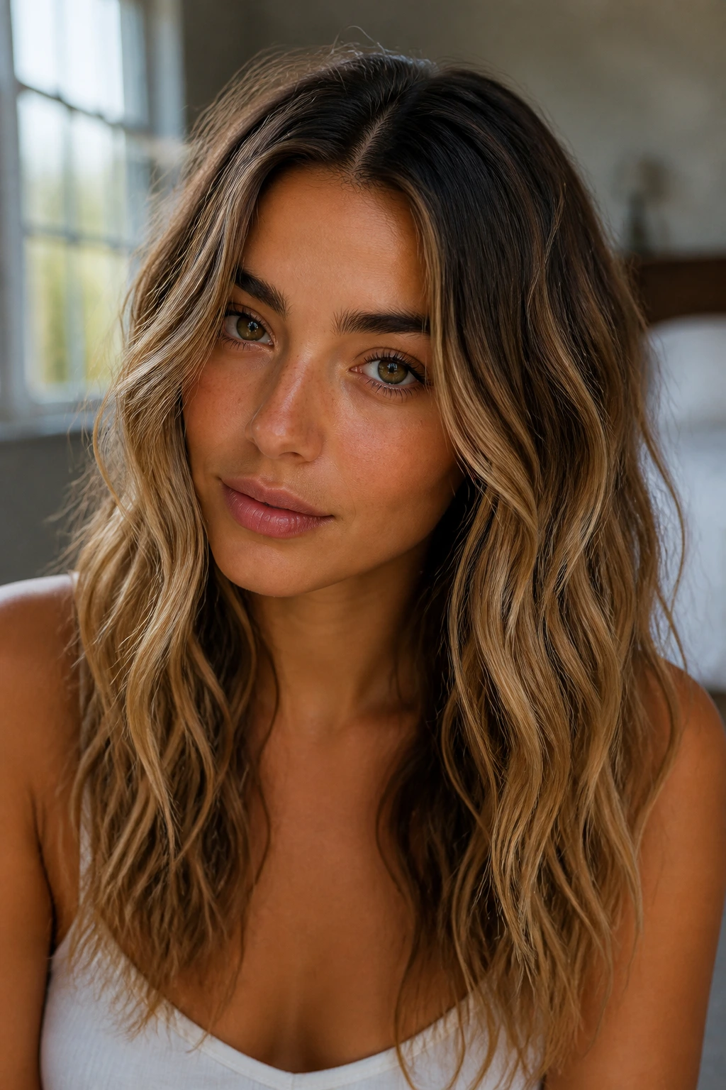 Close-up of a real person with center-part air-dry waves in soft window light