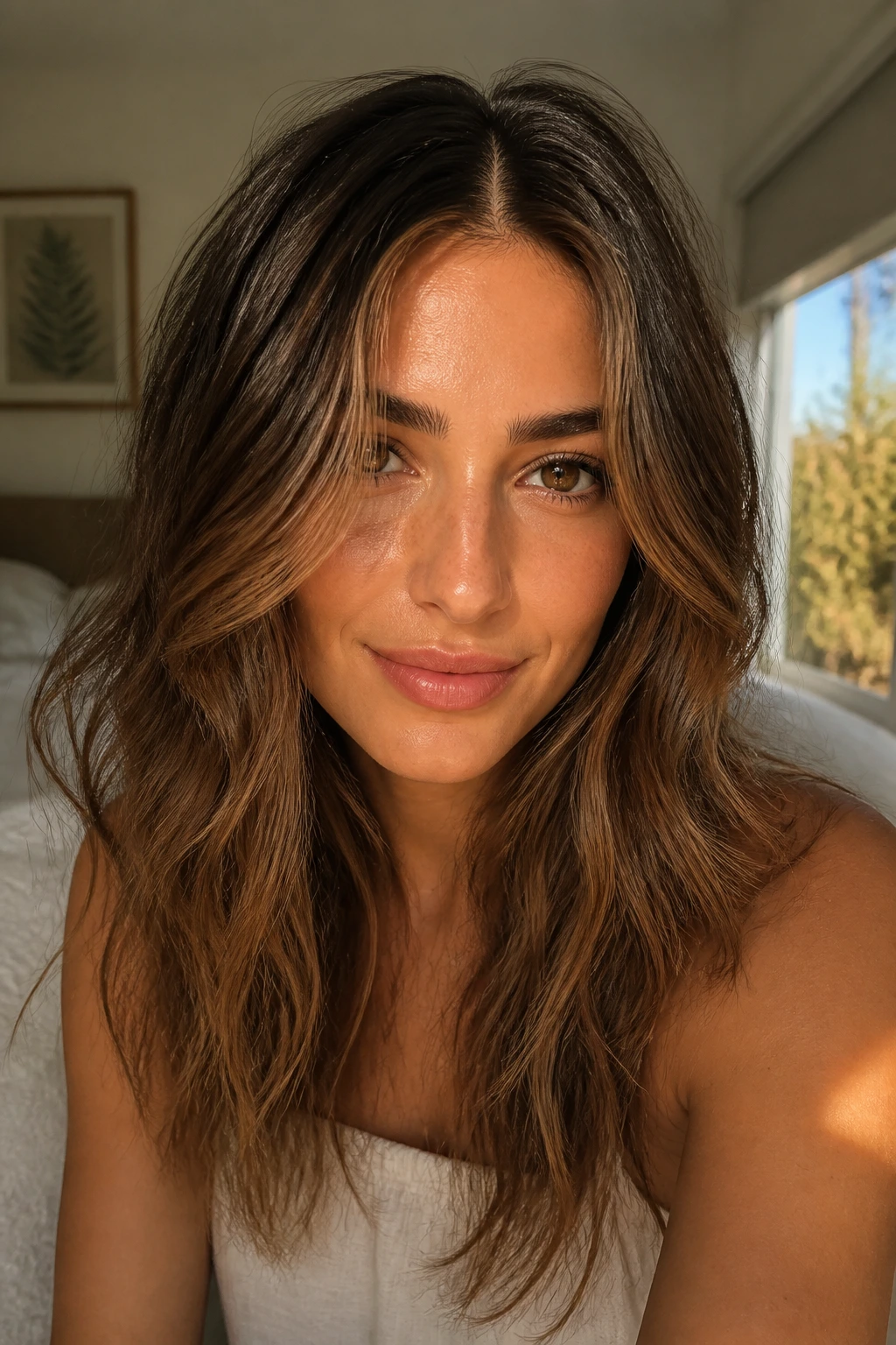 Close-up of a real woman with center-part tousled waves in natural window light