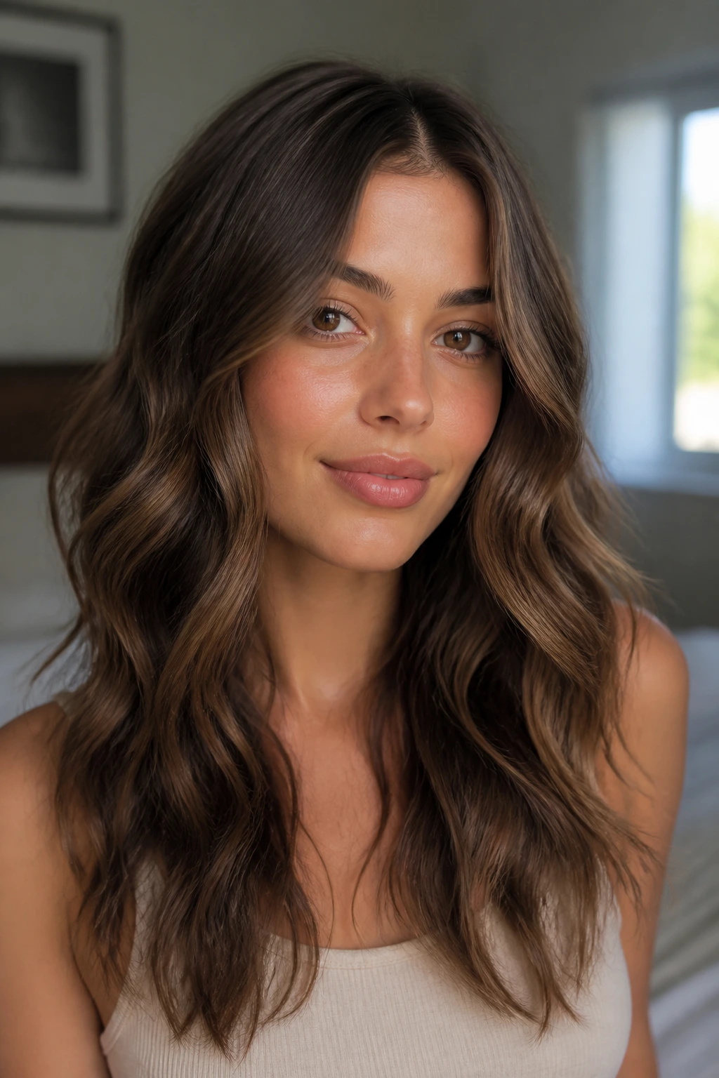Portrait of a woman with soft center-part waves in a calm bedroom