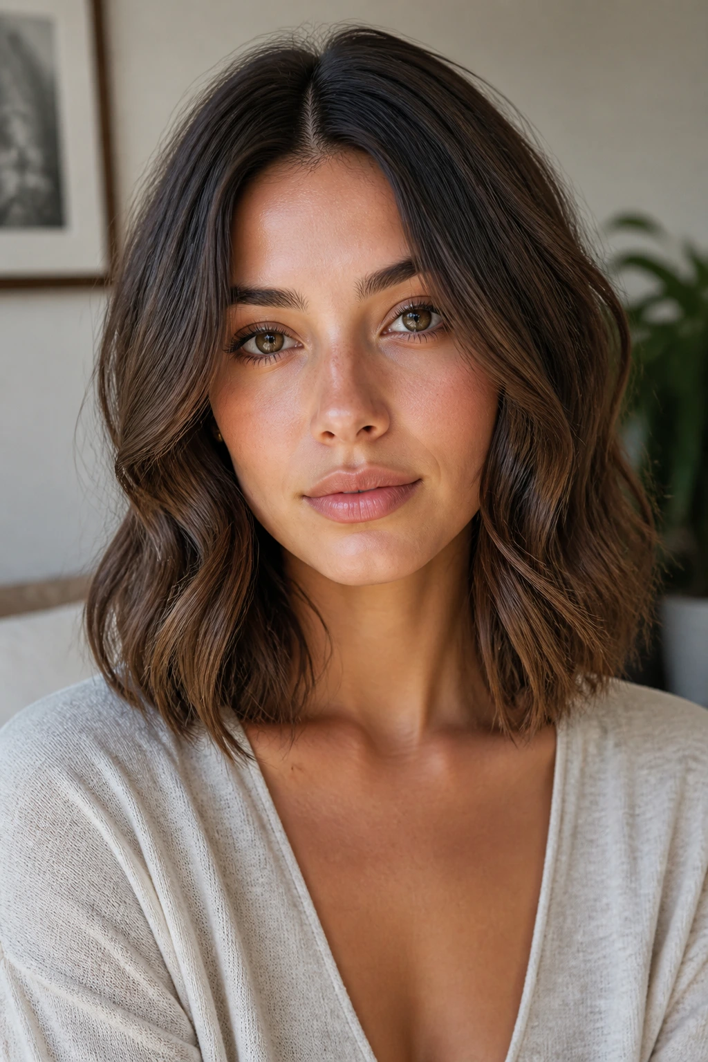 Close-up of a real woman with a center-part and cheekbone-skimming waves