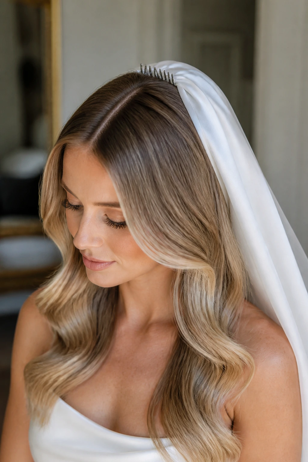 Bride with center-part waves and satin veil