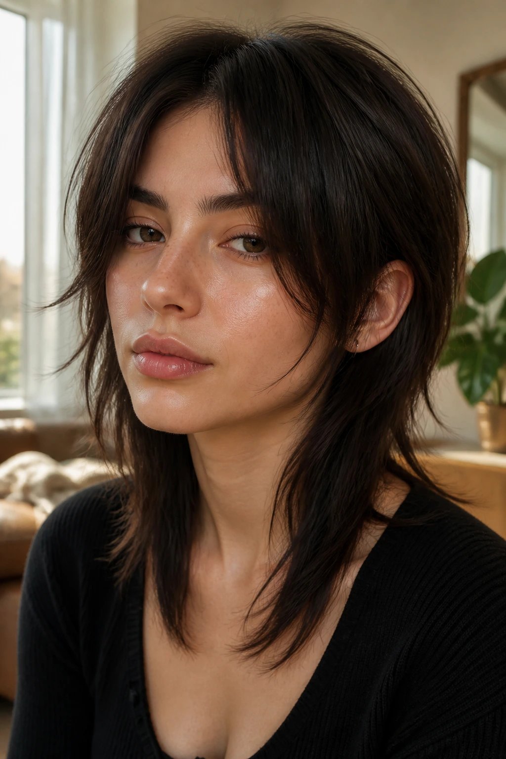 Close-up portrait of a real woman with a soft center-part wolf mullet showing front pieces past the cheekbone
