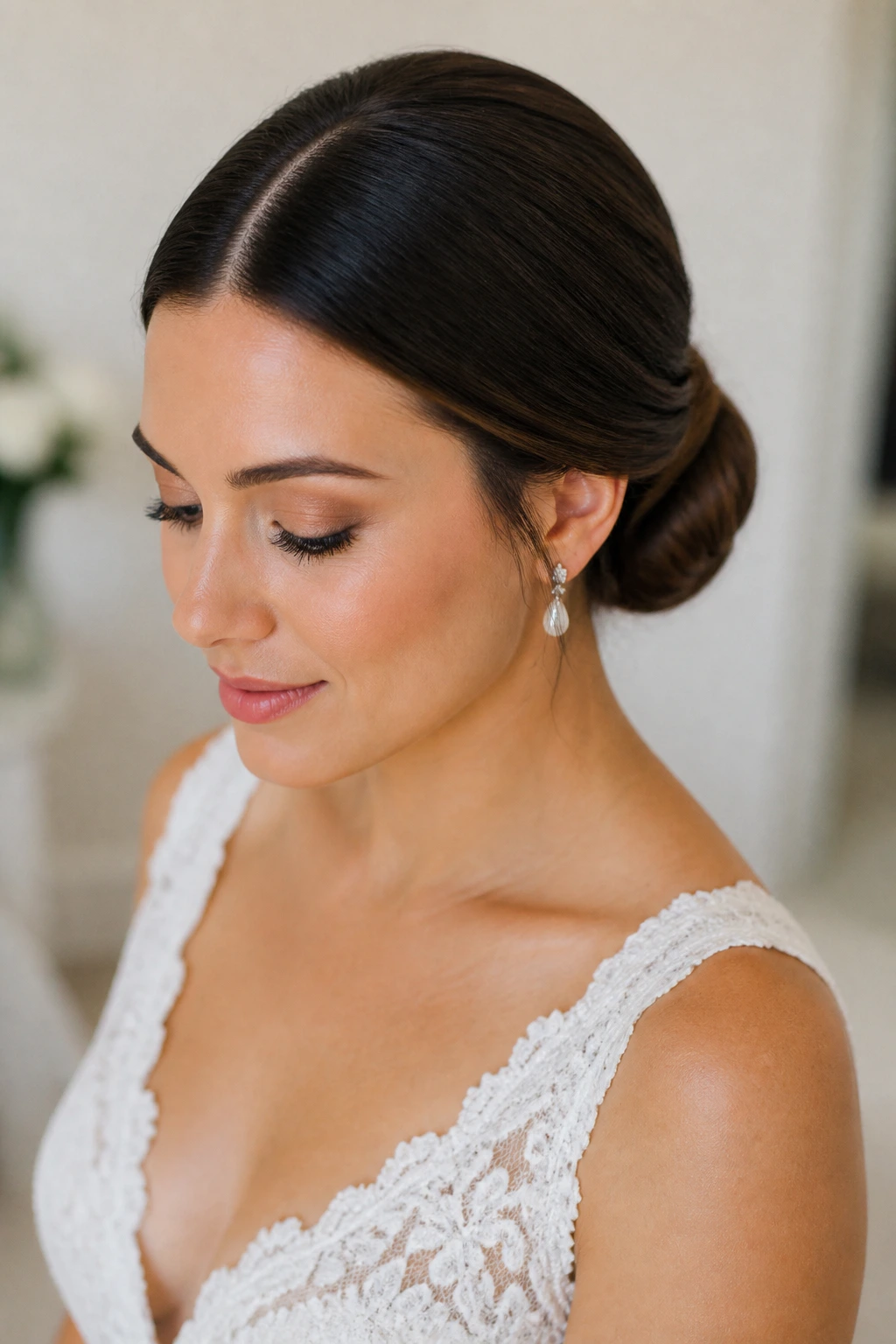 Close-up of a real bride with a center-part wrapped bun