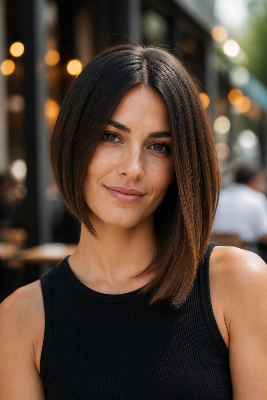 Real woman with center-parted asymmetrical bob on urban street.