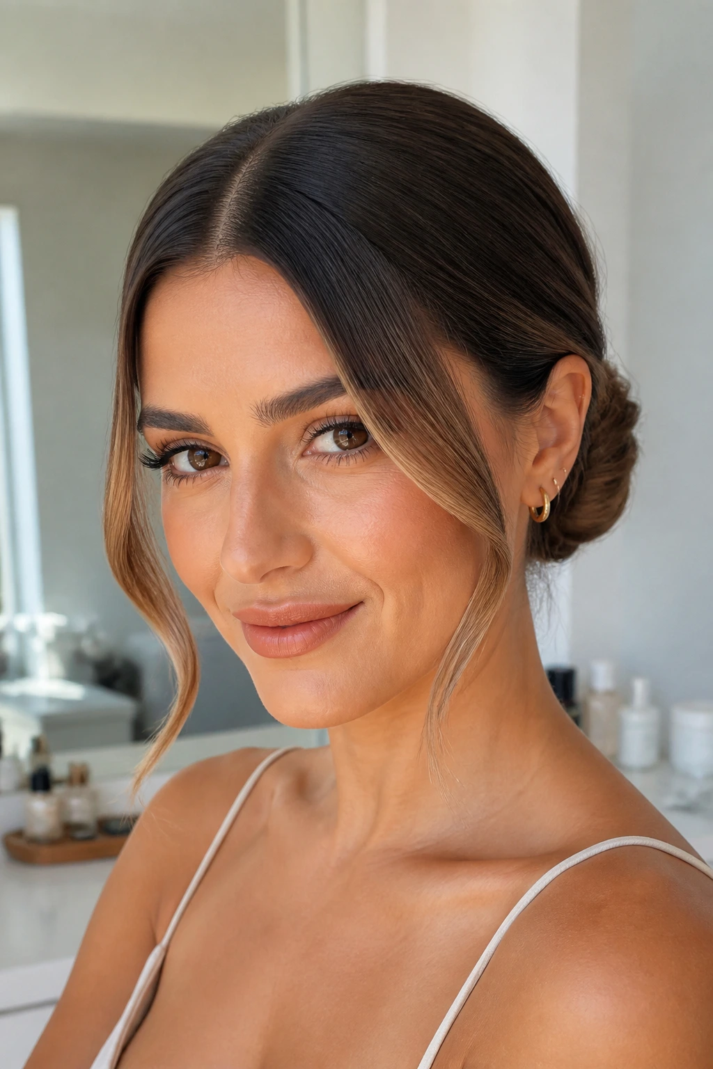 Portrait of a woman with a center-parted sculpted bun.