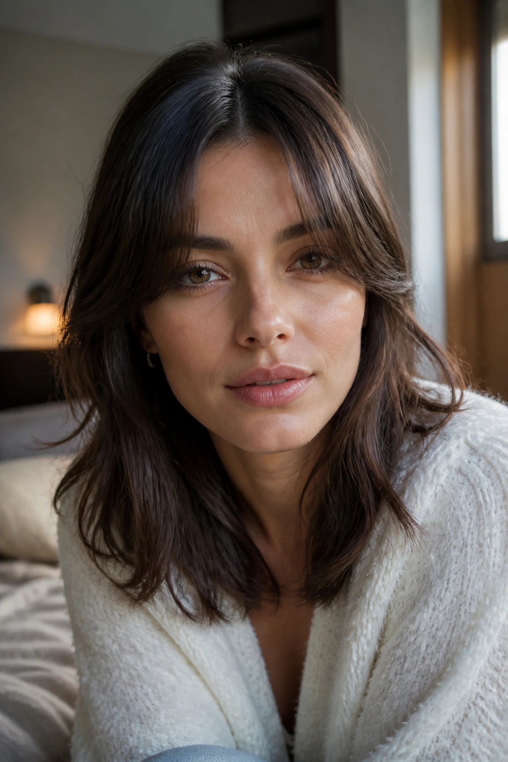 Close-up of a real woman wearing center-parted fringe framing the brow