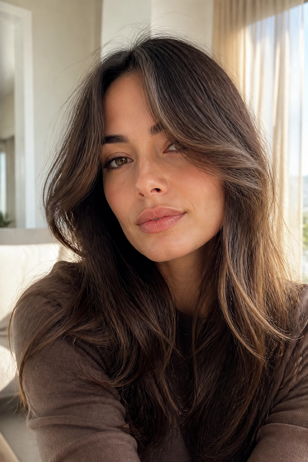 Close-up of a woman with center-parted long fringe in soft sunlight