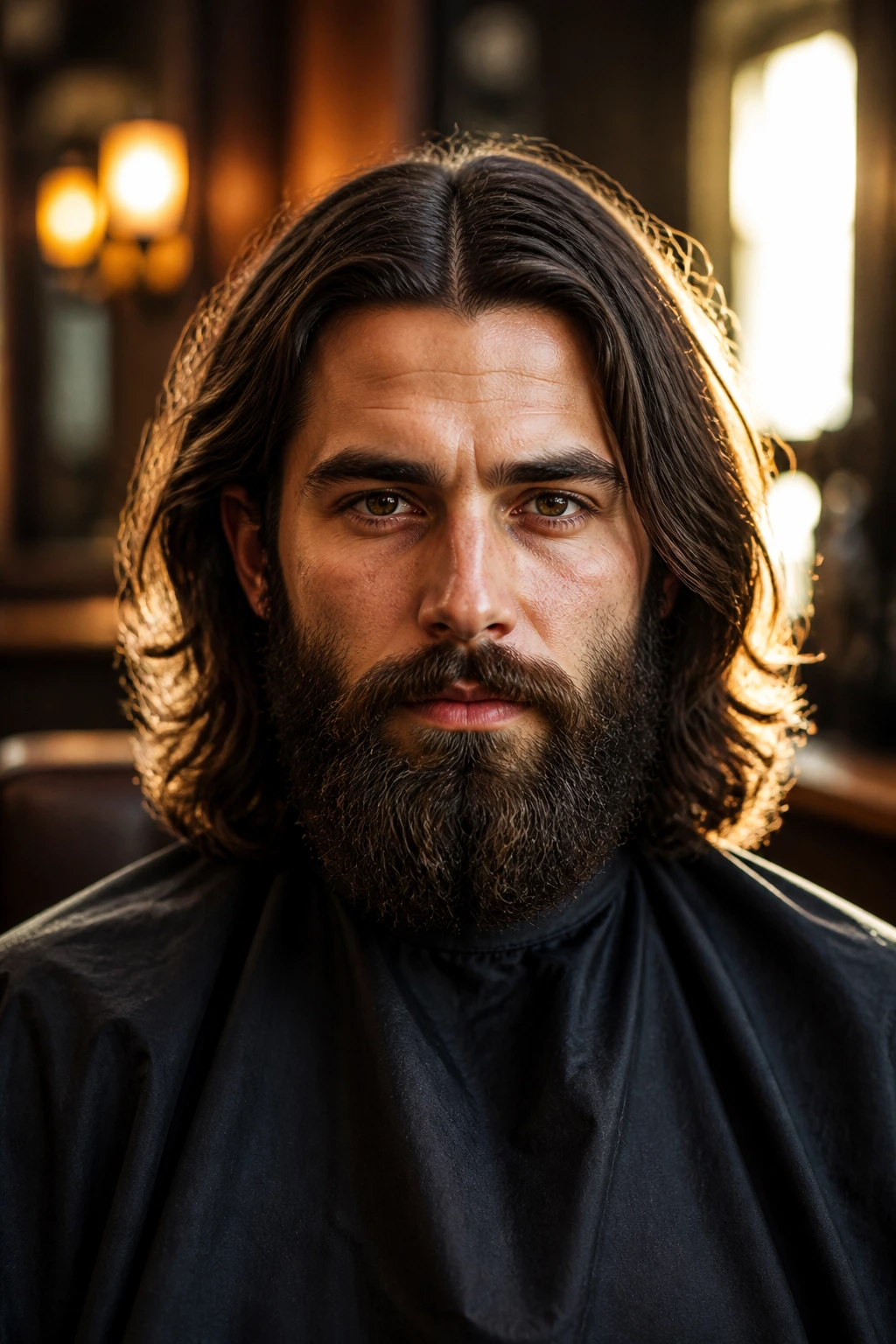 Close-up of a man with a center-parted mane and thick full beard in a warm indoor setting