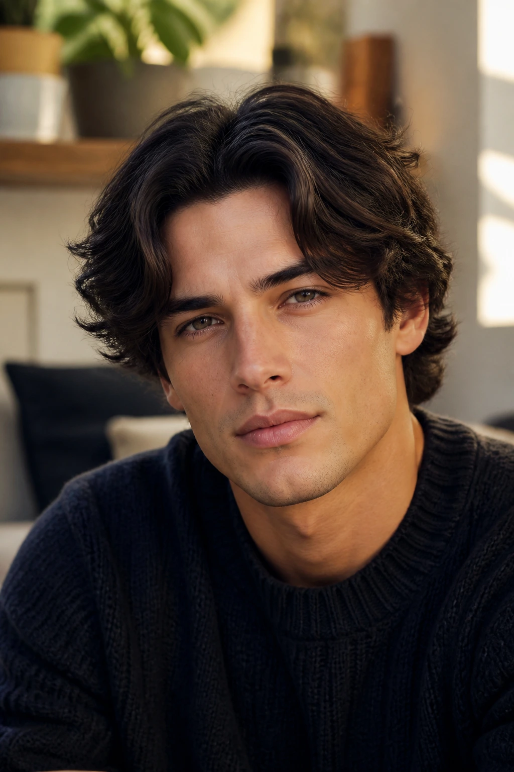 Close-up of a man with center-parted flow wavy hairstyle.