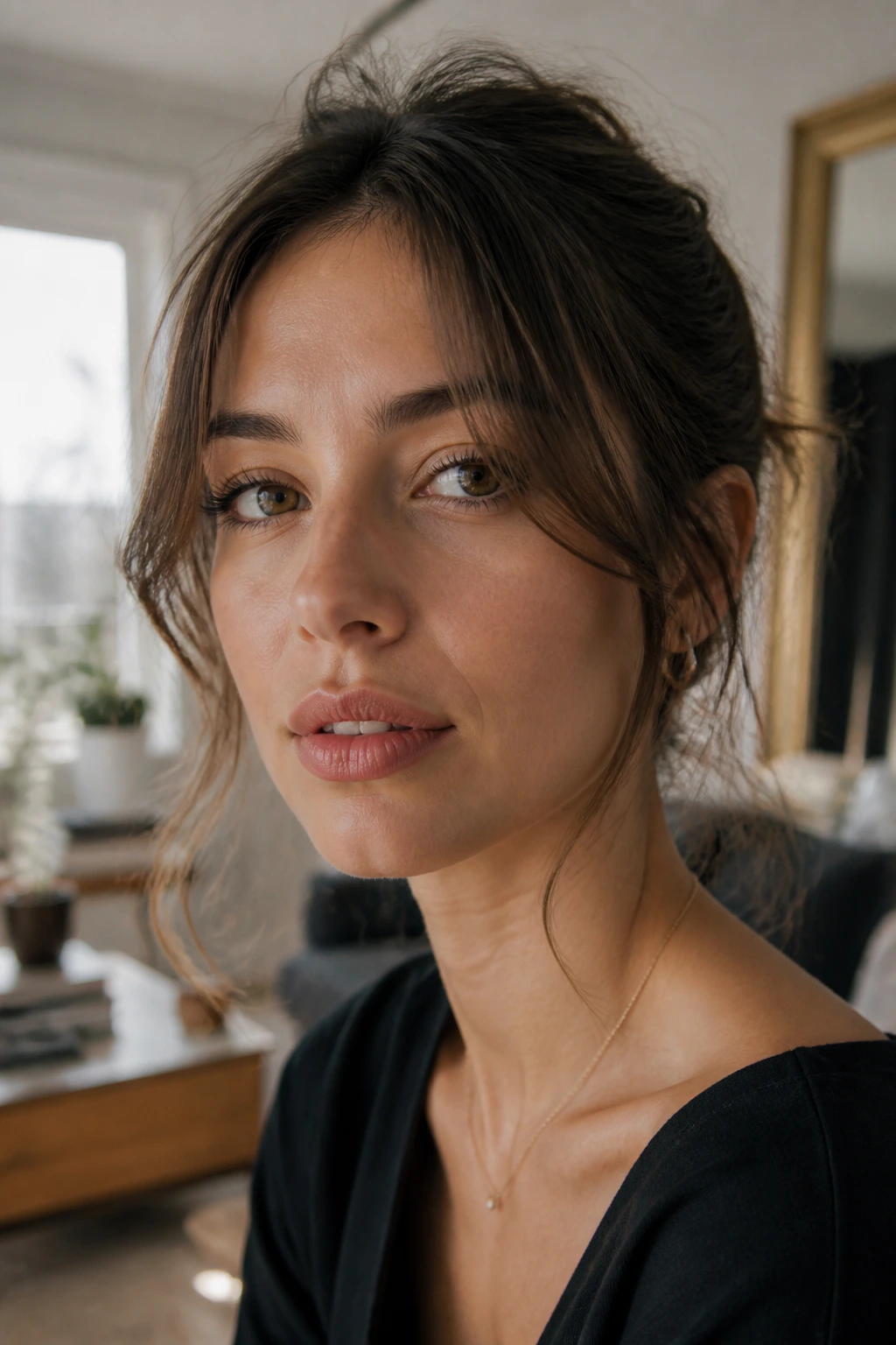 Close-up of a woman with center-parted wisps framing eyes