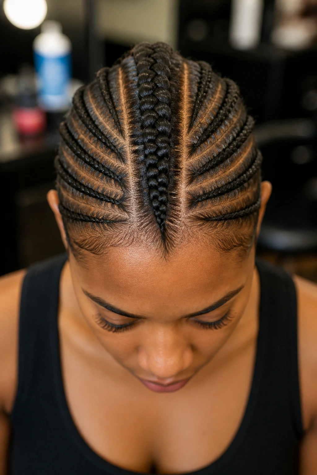 Close-up portrait of a real person with a center ridge cornrow mohawk
