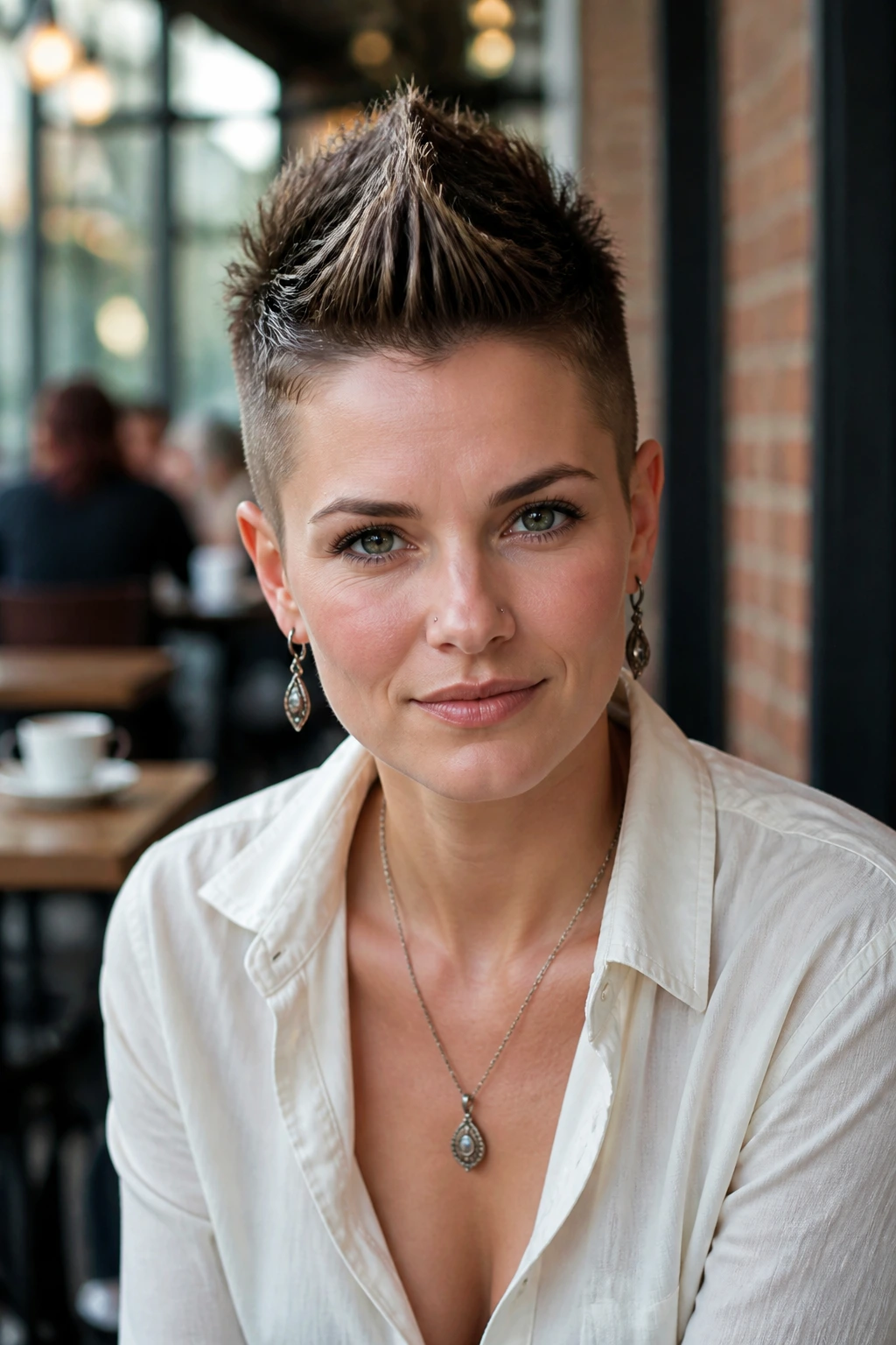Portrait of a woman with a center ridge faux hawk styled to suit her features in a cafe setting.
