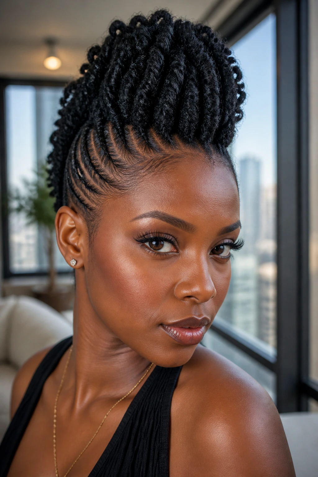 Close-up of a real person with a sleek center ridge mohawk.