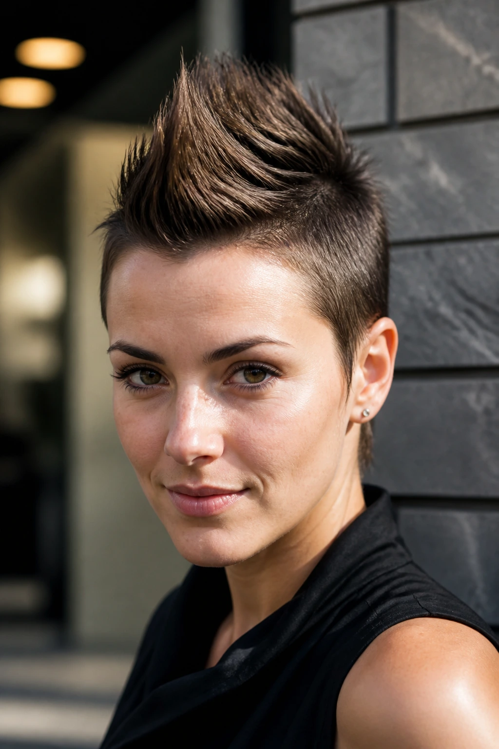 Close-up portrait of a real woman with a center ridge spike hairstyle