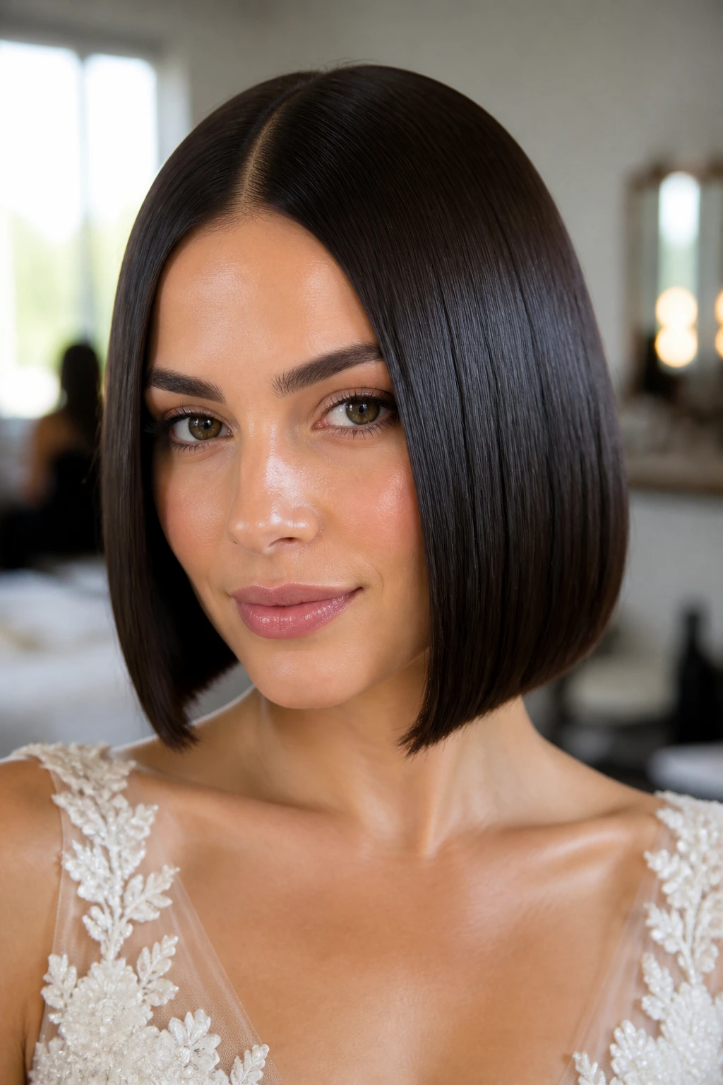 Close-up of a real bride with a center-part glossy glass bob