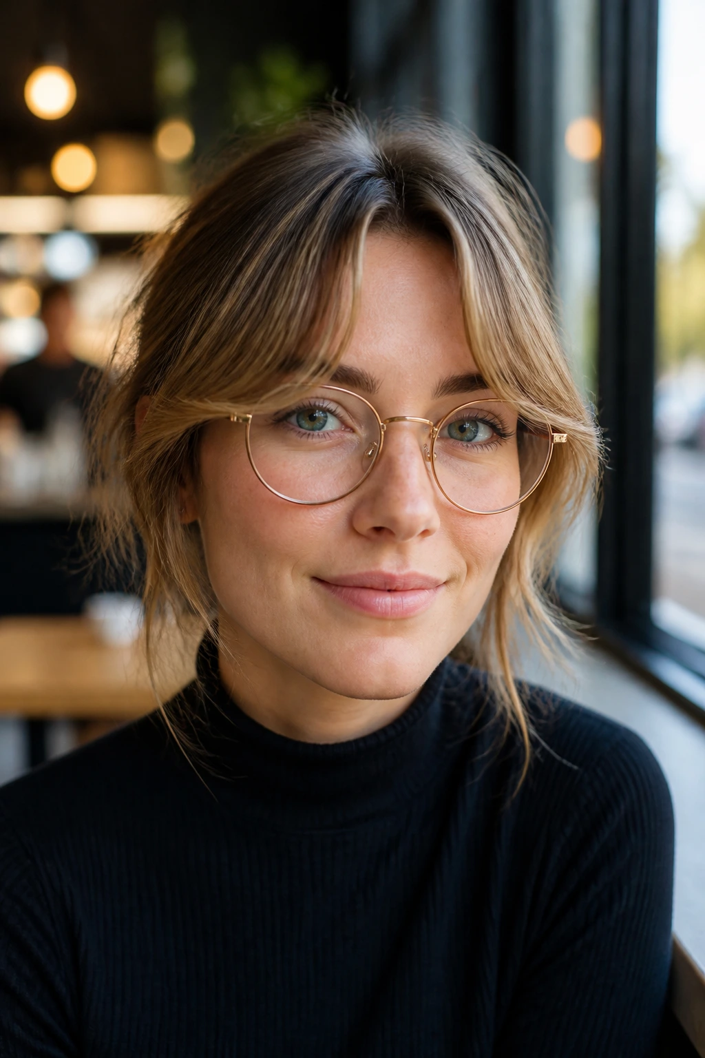 Portrait of a woman with soft center-split bangs and round glasses