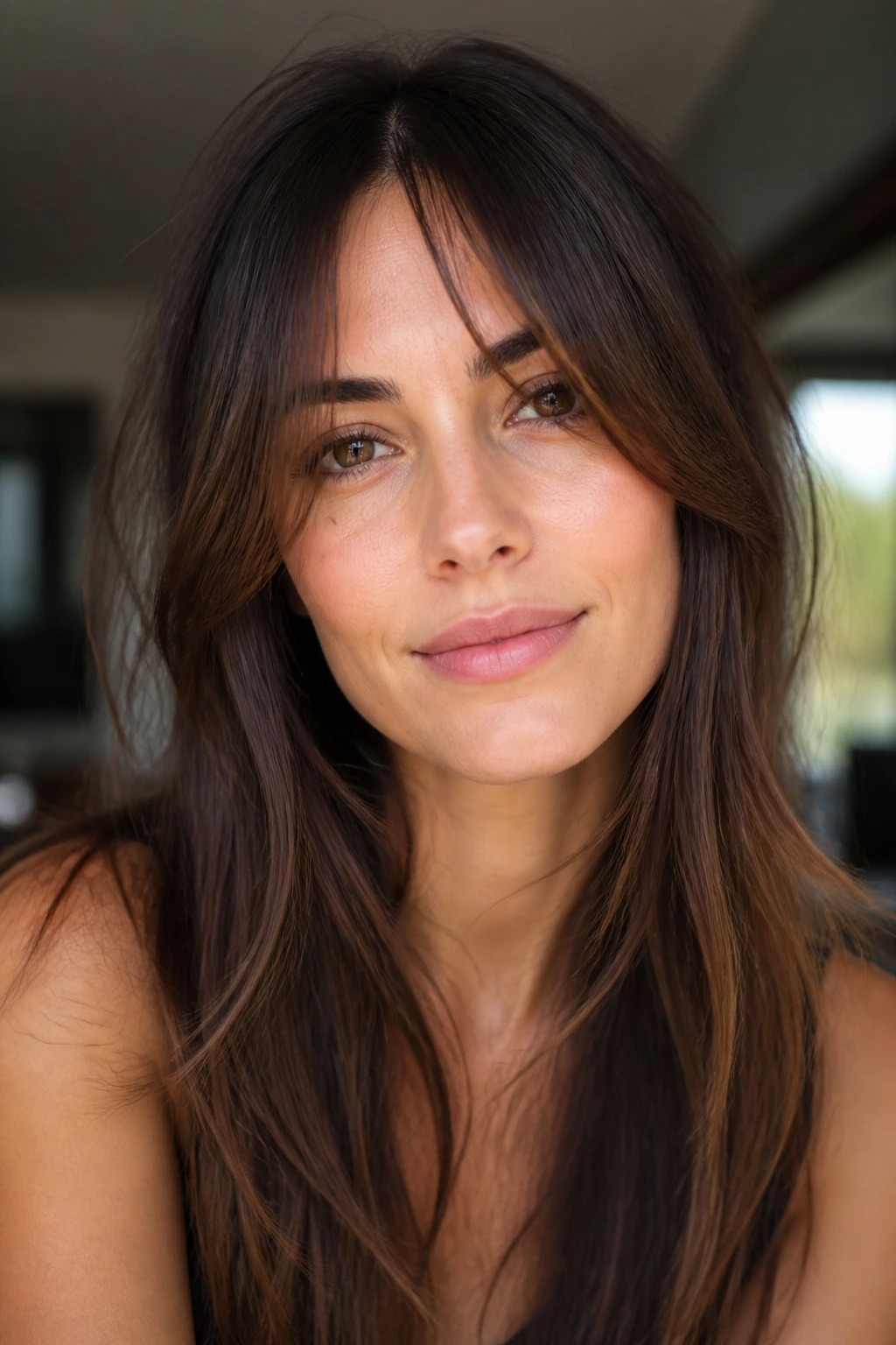 Portrait of woman with center-split wispy bangs