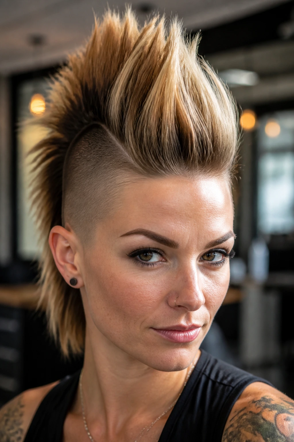 Real woman with center strip hawk showing lifted ridge and shaved sides