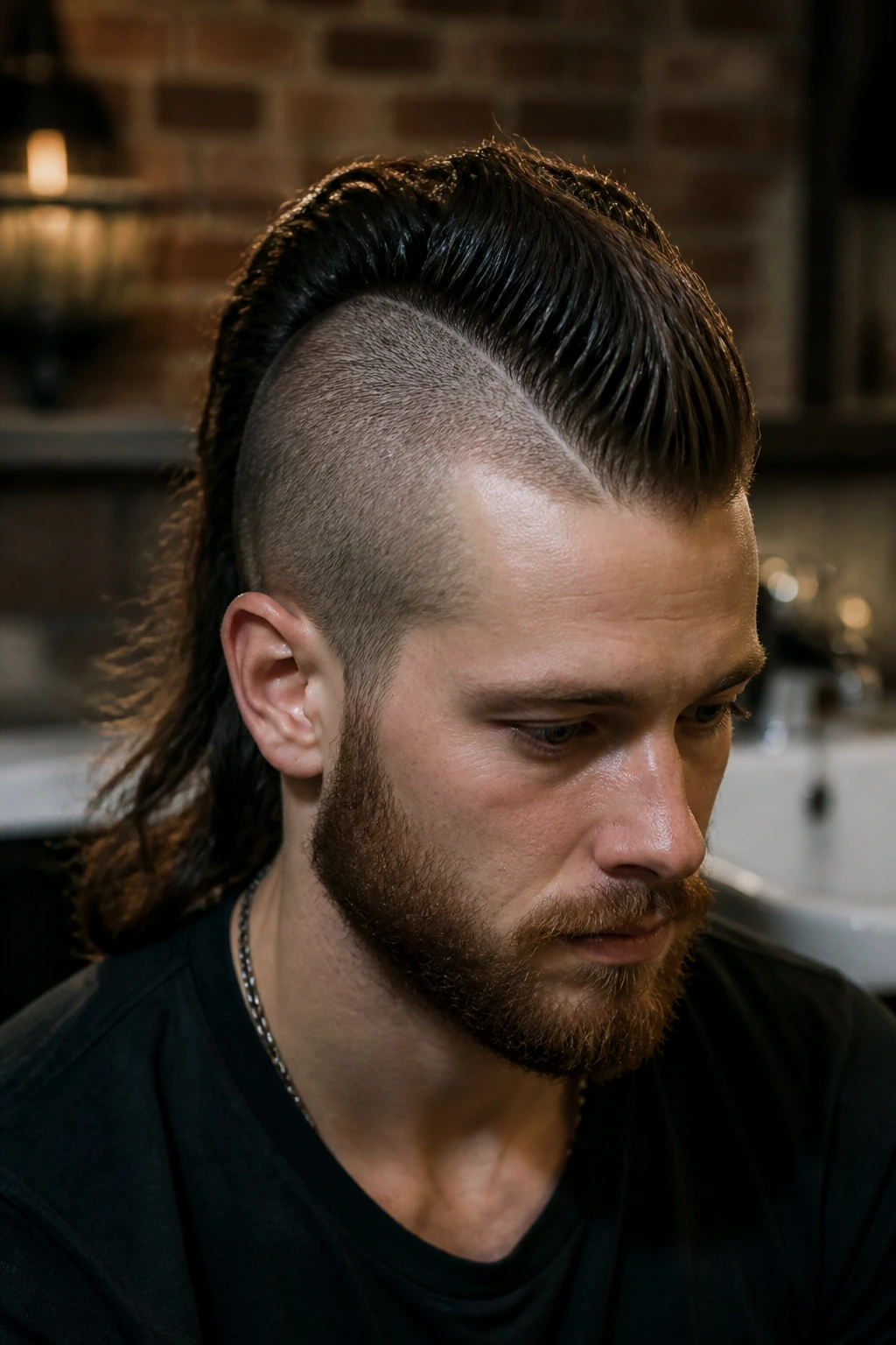 Close-up portrait of a person with a center-strip mohawk and slick sides in a warm-lit bathroom.
