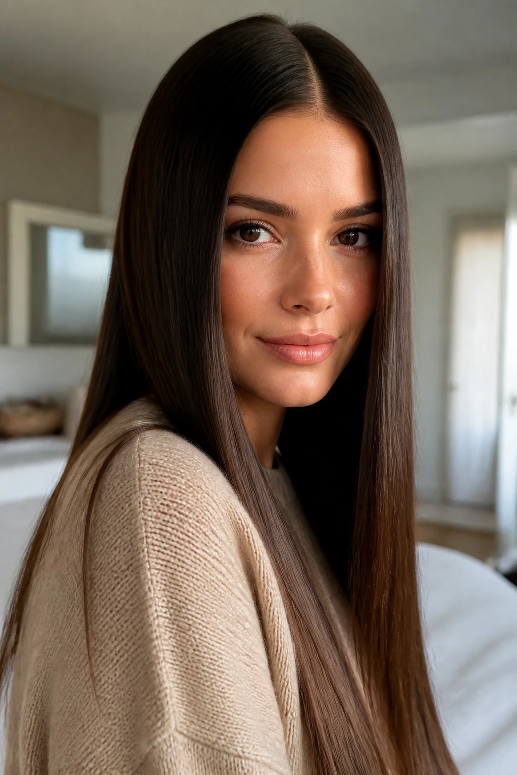 Portrait of a person with center-part glass hairstyle in a bright room
