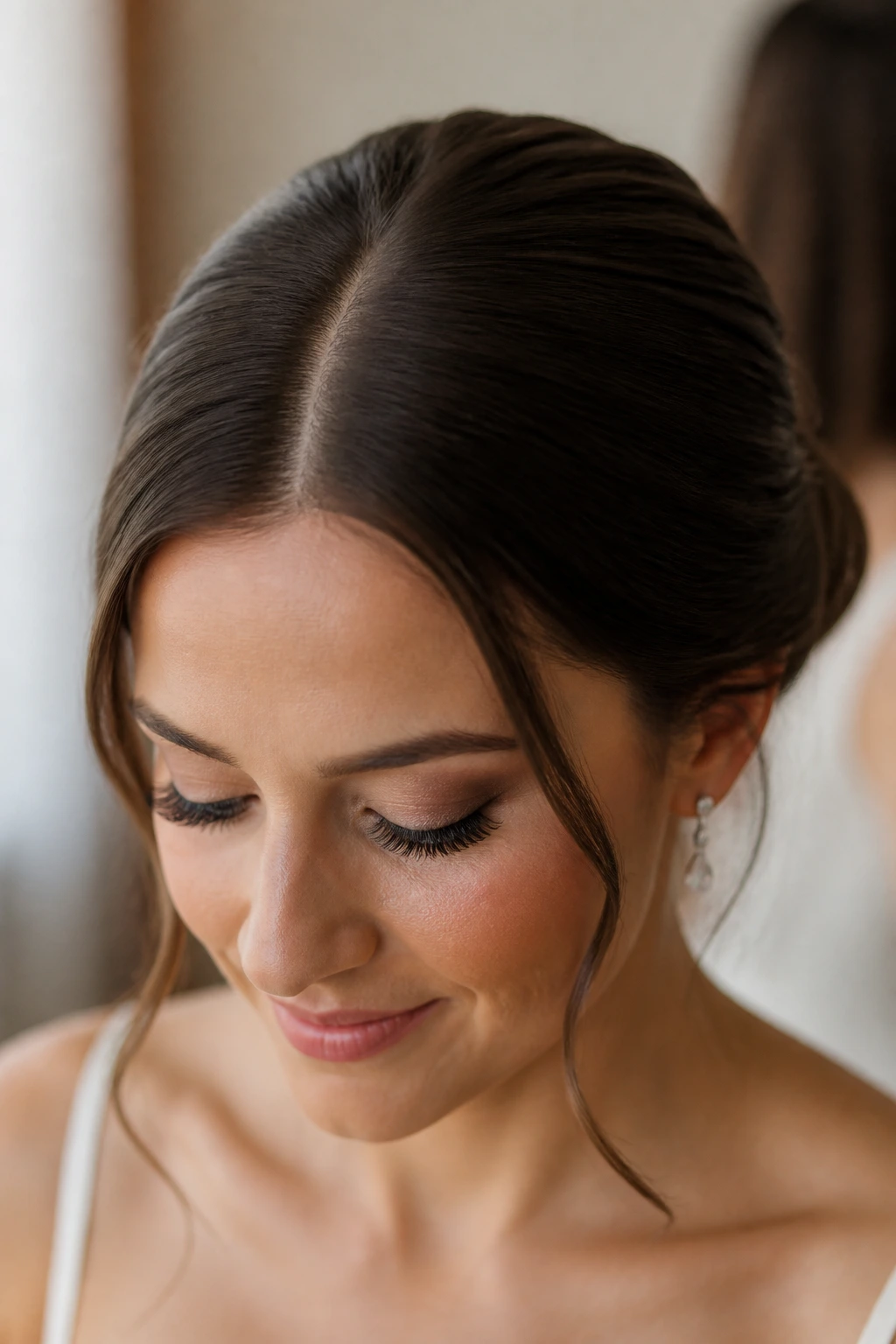 Close-up portrait showcasing a clean, center-part line in wedding hair