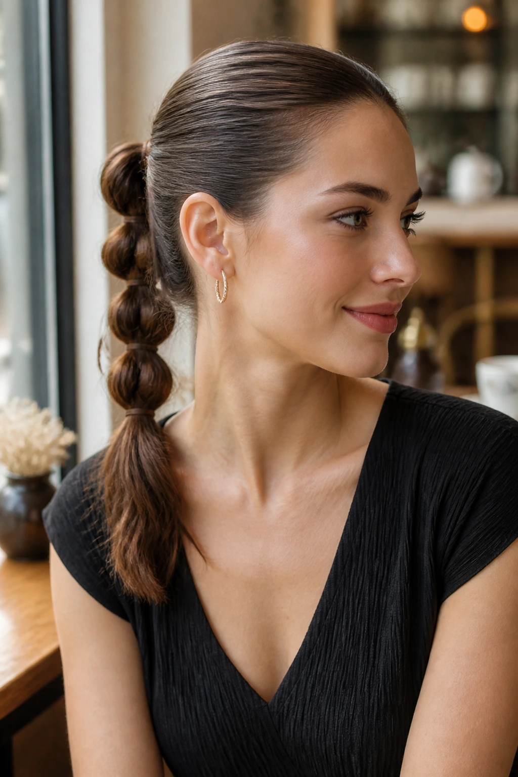 Close-up of a chain-link ponytail with linked loops on a real woman.