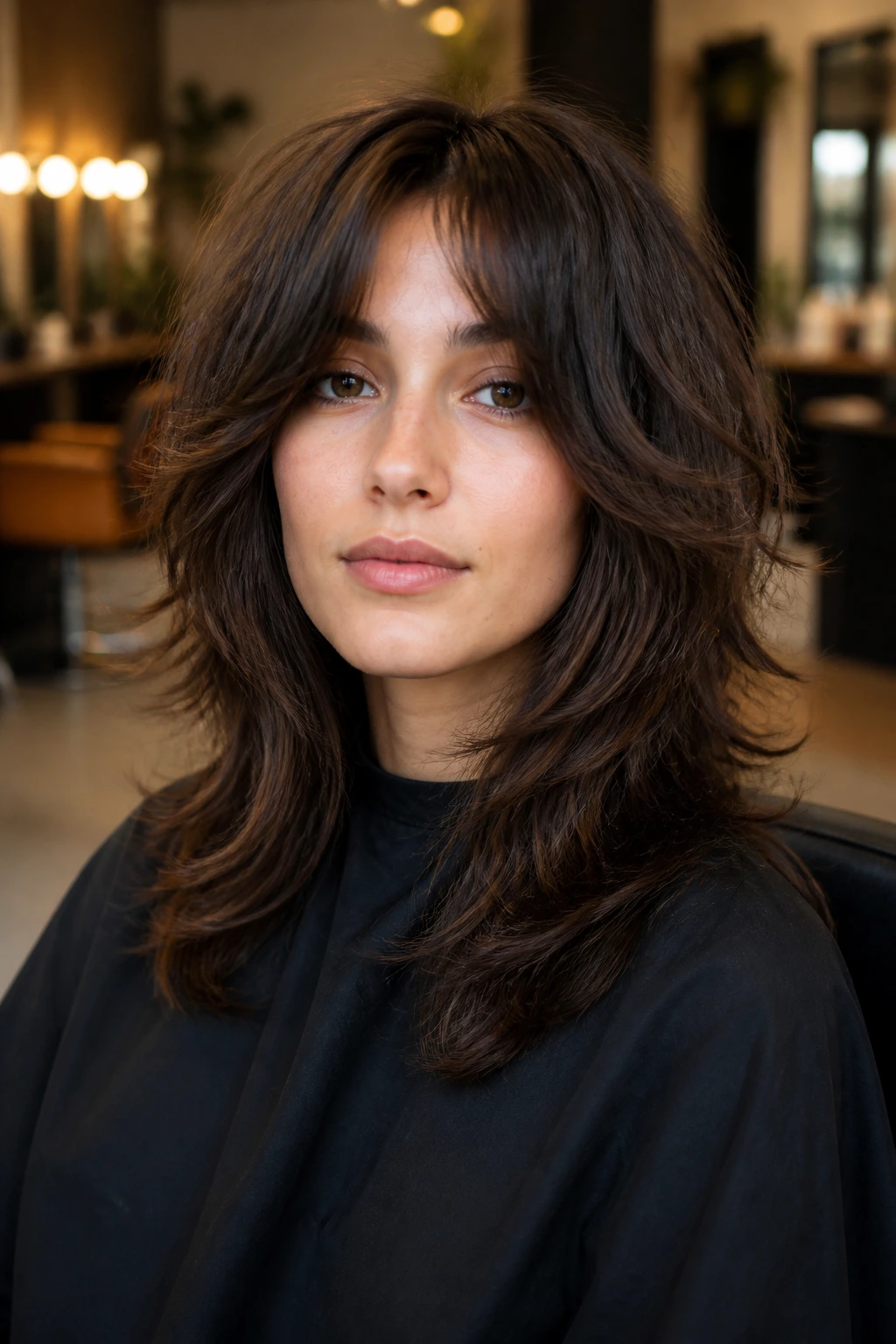 Real person in salon chair with a neatly shaped shag hairstyle