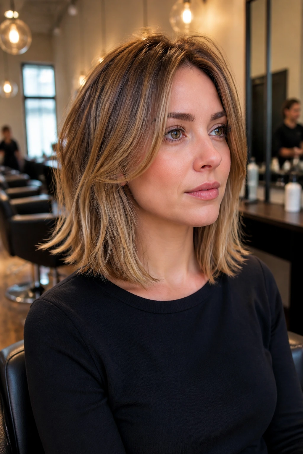 Portrait of a real person in a salon chair with styled hair conceptually ready for chair-side questions.