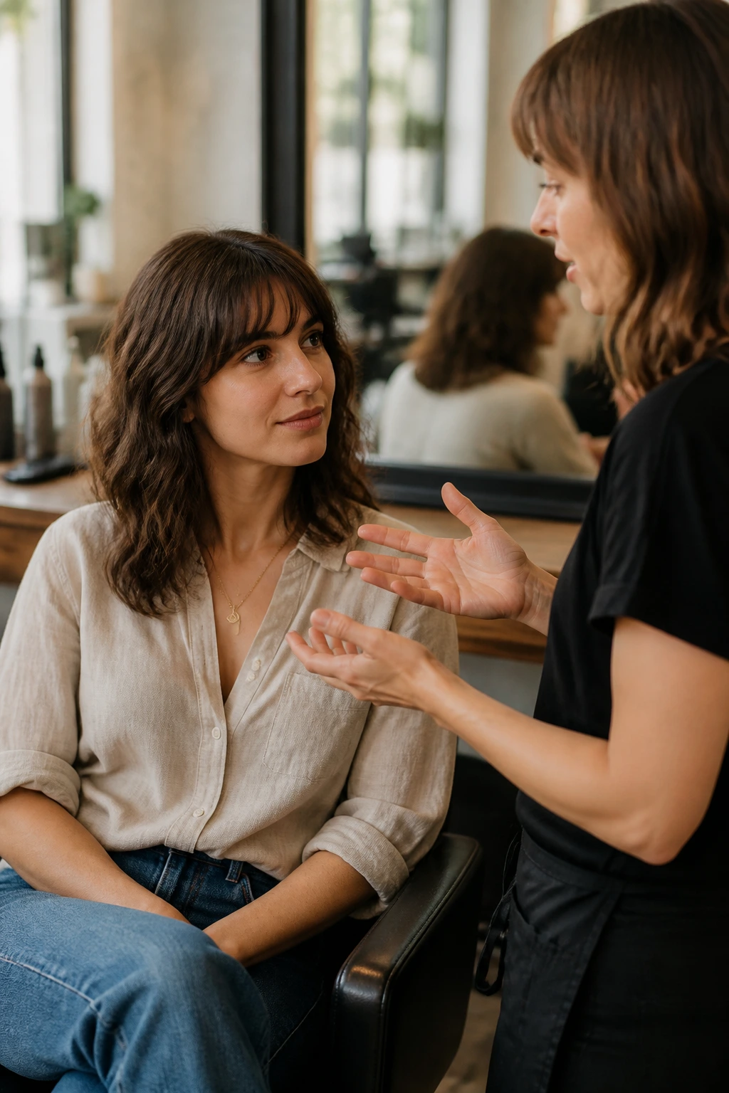 Client in salon chair discussing a soft wolf cut with a stylist
