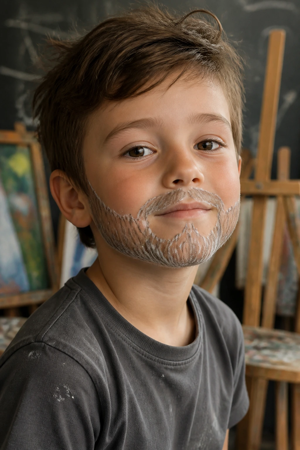 Close-up portrait of a child with a chalk-drawn beard