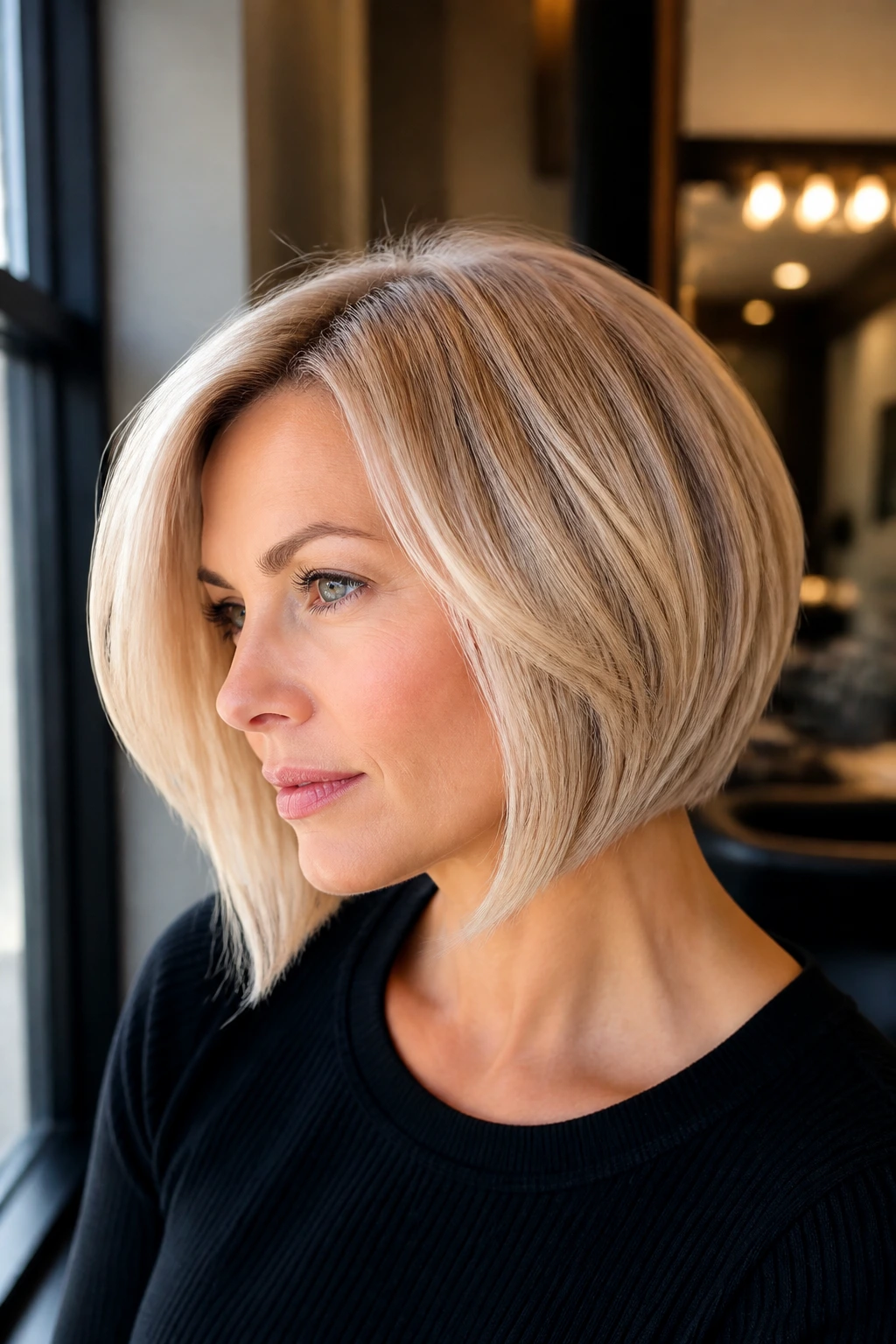 Portrait of a woman with champagne angled bob.