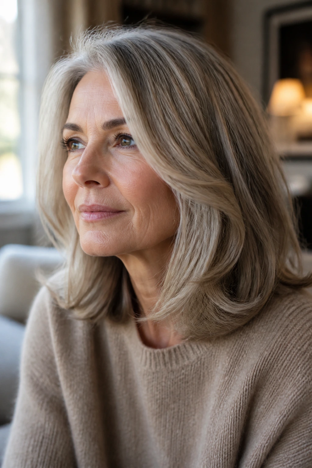 Close-up of a real woman with shoulder-length champagne ash gray hair