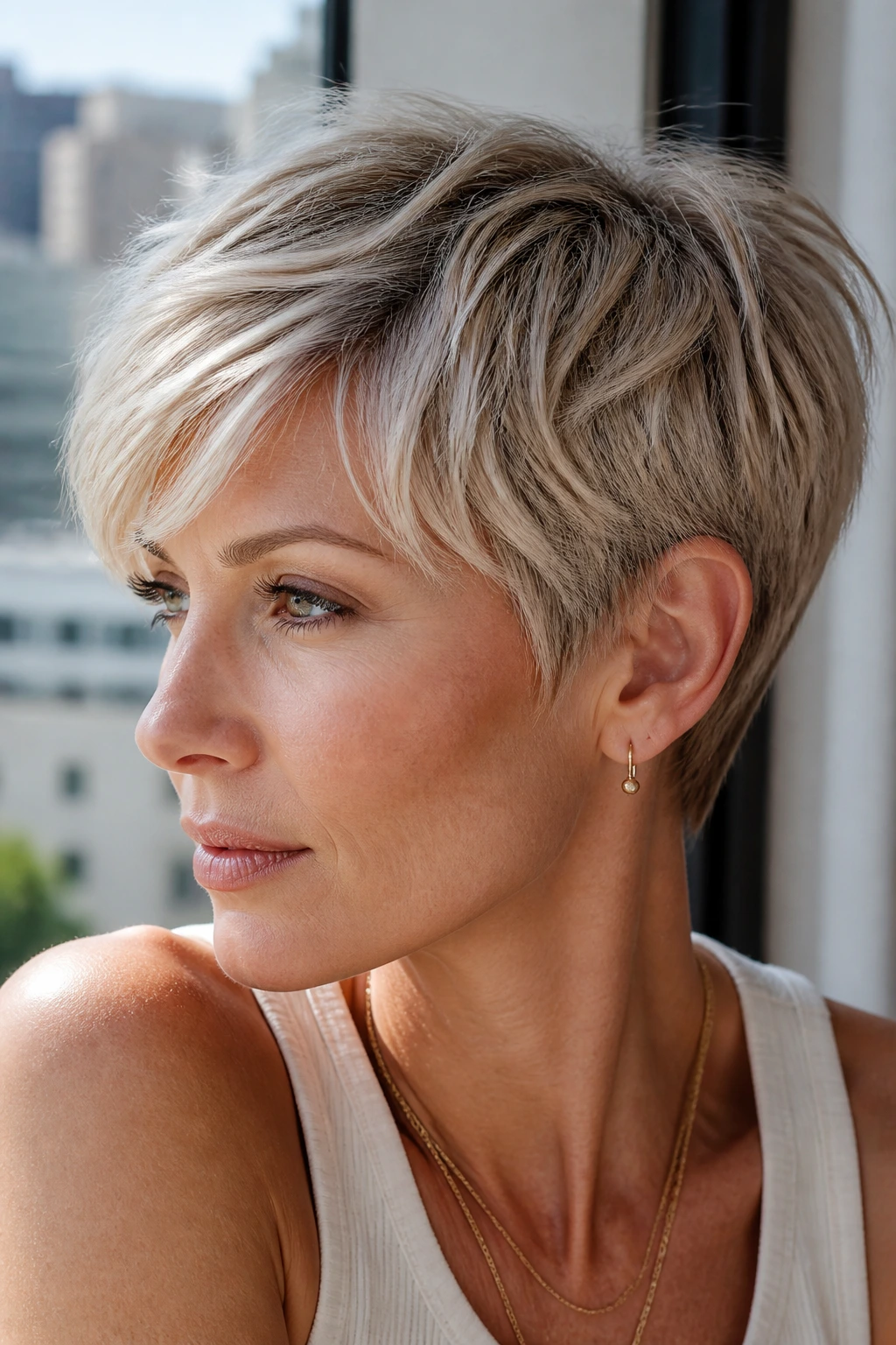 Portrait of real woman with champagne ash pixie cut.