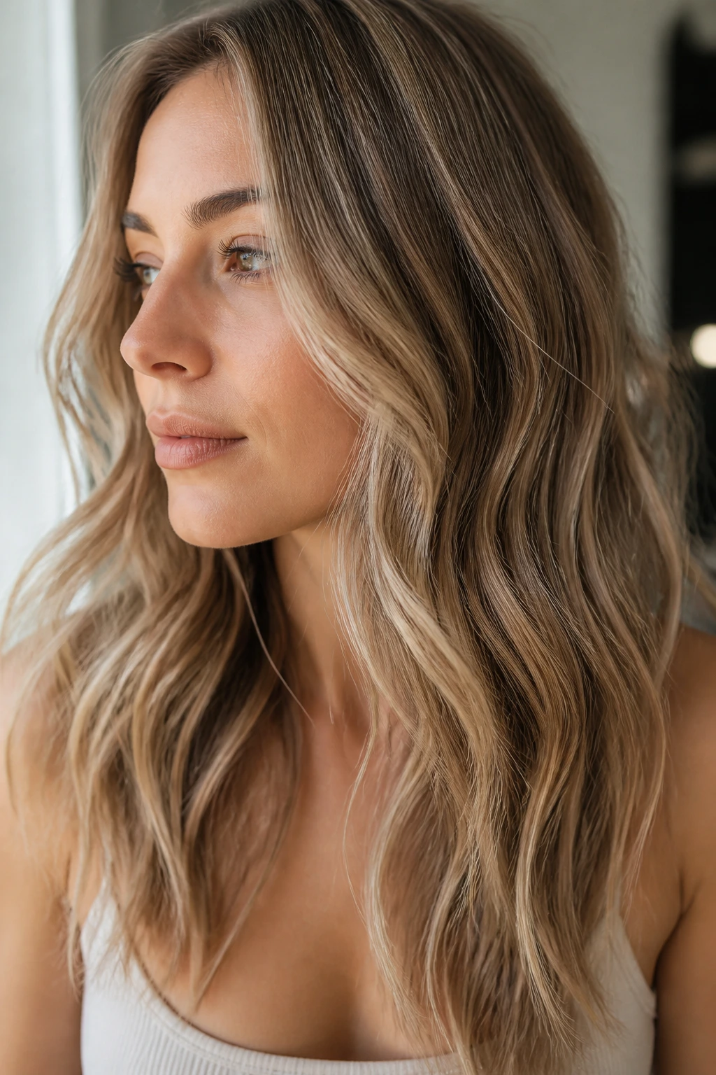Close-up of a real person with champagne babylights in wavy hair.
