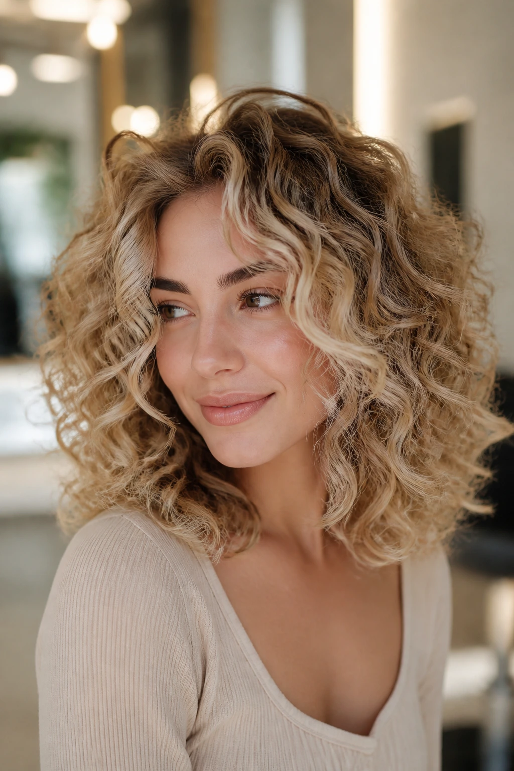 Close-up of a real woman with curls wearing creamy champagne balayage with deeper roots