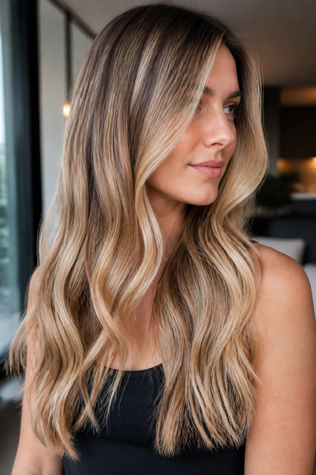 Dark blonde hair with champagne balayage in a stylish apartment
