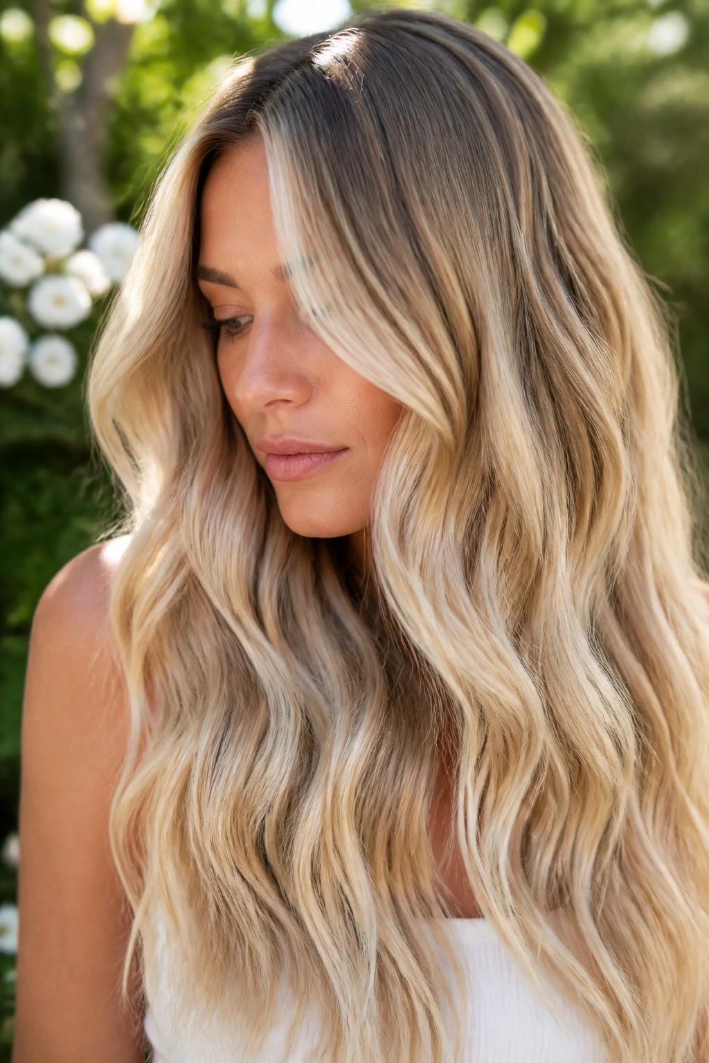 Close-up of champagne balayage on long waves on a real person
