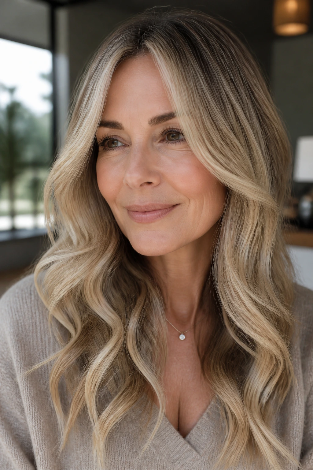 Close-up of a real woman with champagne balayage on long hair
