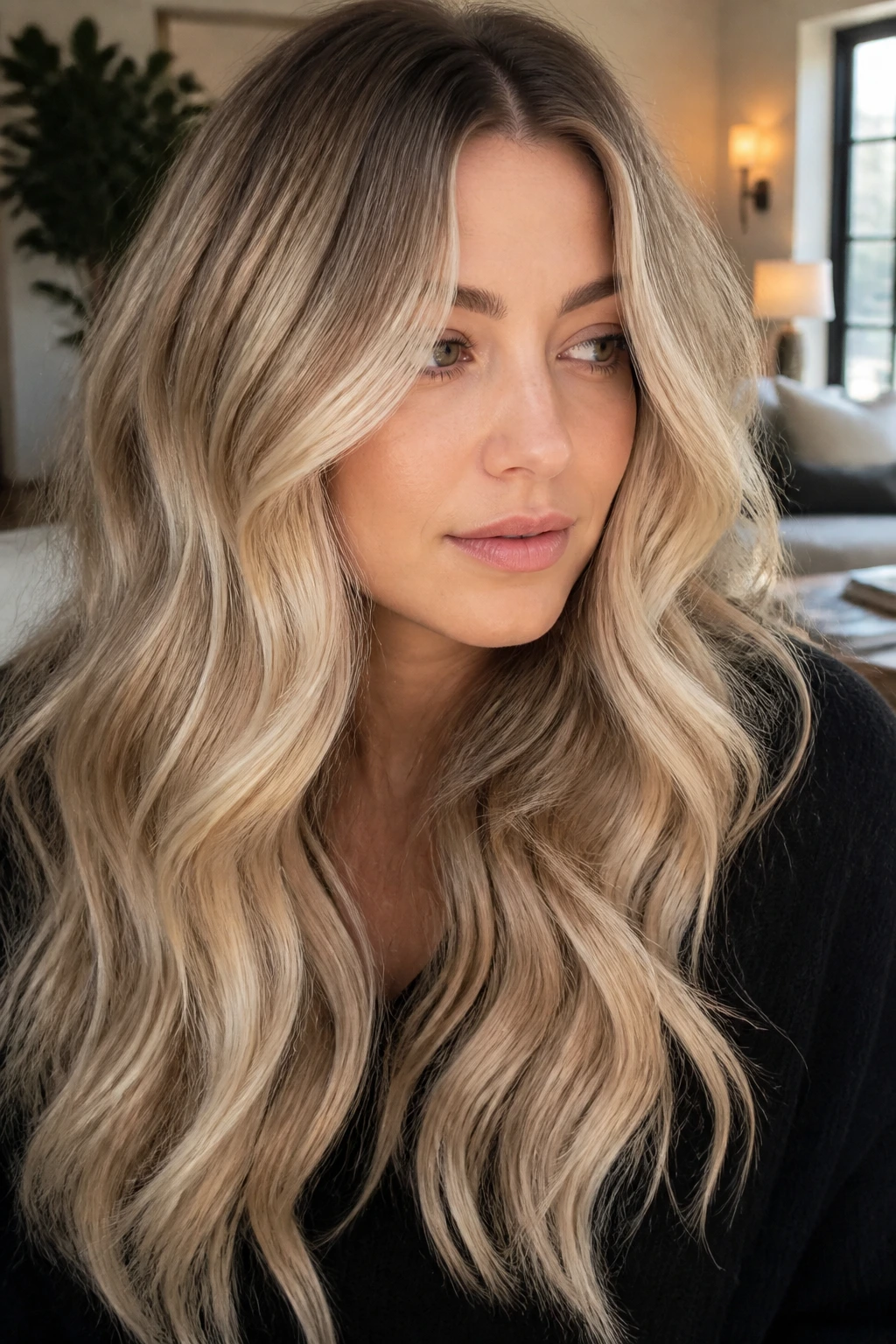 Close-up of champagne balayage with soft shadow root on long wavy hair