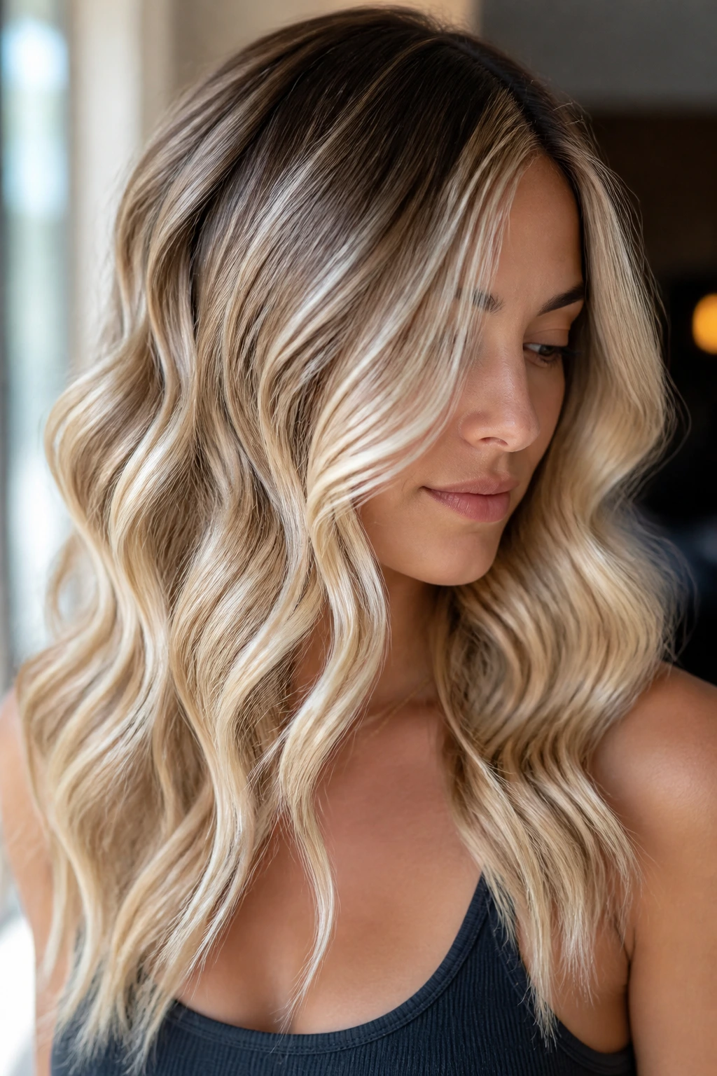 Close-up of a real woman with champagne balayage waves and pale gold-beige ribbons.