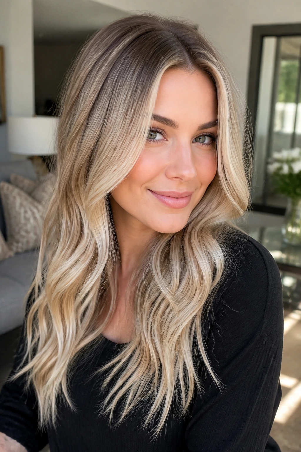 Champagne beige balayage close-up with face-framing highlights on a real person
